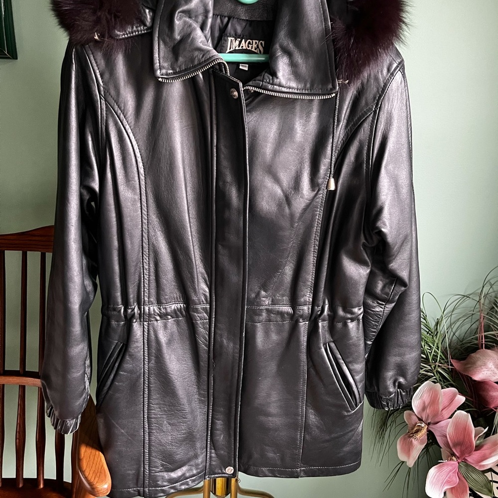 Black Leather Insulated Hooded Fox Fur Trim Jacket - EUC